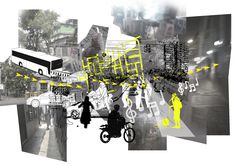 a collage of images with people and vehicles in the middle one has yellow lines on it