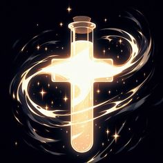 a glowing cross surrounded by water and stars