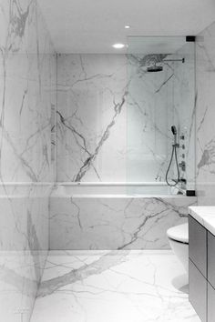 a bathroom with marble walls and flooring