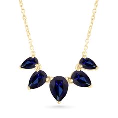 Add a pop of color with a teardrop-shaped blue sapphire necklace. Crafted from solid 10k yellow gold, this necklace features a lab-created blue sapphire of 2.75 ct. Teardrop Sapphire Necklace In Fine Jewelry Style, Blue Teardrop Pendant Necklace Fine Jewelry, Blue Teardrop Pendant Fine Necklace, Blue Teardrop Drop Necklace For Formal Occasions, Blue Pear-shaped Sapphire Necklace, Formal Blue Teardrop Drop Necklace, Gold Teardrop Sapphire Necklace, Blue Sapphire Drop Necklaces, Teardrop Sapphire Necklace