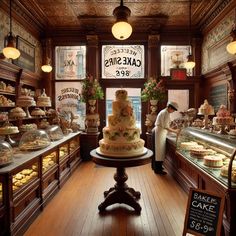 a cake shop filled with lots of different types of cakes and pastries on display