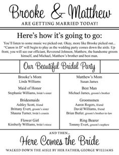 the wedding ceremony program is shown in black and white