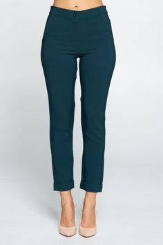 Ankle Pants - 96% POLYESTER, 4% SPANDEX Workwear Bottoms With Pull-on Style And Cropped Leg, Fitted Pants With Elastic Waistband And Cropped Leg, Fitted Cropped Leg Pants With Elastic Waistband, Fitted Cropped Pants With Elastic Waistband, Green Stretch Ankle-length Pants, Business Casual Bottoms With Pull-on Style And Cropped Leg, Pull-on Cropped Pants For Work, Workwear Cropped Leg Pull-on Pants, Fall Capris With Elastic Waistband And Straight Leg