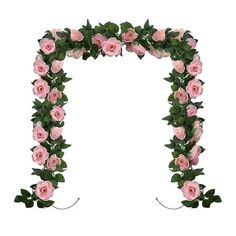 an arch made out of pink roses and green leaves on a white background with clipping for text