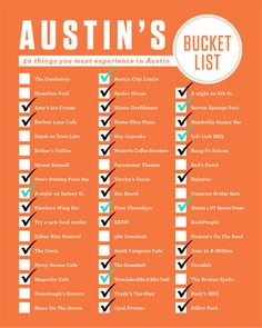 an orange and white checklist with the words, austin's bucket list