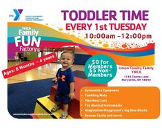 a flyer for a toddler time event with a child on blocks in the center