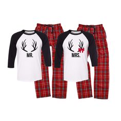 "Mr. and Mrs. Christmas Pajamas for couples - set of 2 This set comes with Mr and Mrs printed on them with our deer horn logo. Please specify if you want them plain. Perfect for Christmas morning or any other cold winter day. Includes 2 baseball raglan tees in white with black sleeves and matching flannels in red, white & black plaid If you want different colors and sizes for tops and bottoms please list in the notes to seller section at checkout. Please include your telephone number in case we Christmas Pajamas For Couples, Pajamas For Couples, Personalized Gifts For Nurses, Pajamas Matching, Logo Pants, Deer Horn, Couple Pajamas, Queen Outfit, Matching Christmas Pajamas