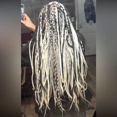 Full Beautiful Set Of Double Ended Dreadlocks. Worn Once For 3 Days. They Are Broken In. 56" End To End. 28" After Install. 50 Dreads Total Which Equals 100 Once Installed. Black, White And Grey Silver Dreads, Dreadlocks Braids, Hair Dreadlocks, Dread Hairstyles, Bold Black, Black And Silver, Wig Hairstyles, Womens Hairstyles, Human Hair