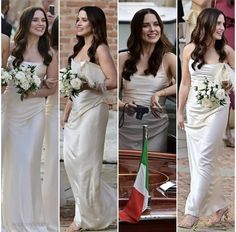 three pictures of the same woman in different dresses