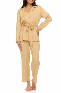 Cozy up to sweet dreams in a satin pajama set charmed by a belted button-front shirt and pull-on pants. 97% polyester, 3% spandex Hand wash, line dry Imported Satin Pajama Set, Flora Nikrooz, Satin Pajama, Satin Pyjama Set, Satin Pajamas, Sleepwear Robe, Button Front Shirt, Pull On Pants, Sleepwear Women