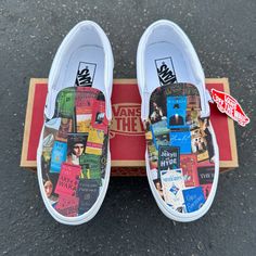 Classic Book Lovers White Slip On Custom Sneakers - Custom Vans Shoes Vans Shoes Custom, Custom Slip On Vans, Black Slip On Vans, White Slip On Vans, Custom Vans Shoes, Adventures Of Tom Sawyer, Slip On Vans, Huckleberry Finn, Leagues Under The Sea