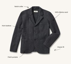 Charcoal Felted Chore Coat - Buck Mason Charcoal Wool Outerwear For Work, Gray Wool Pea Coat For Work, Gray Wool Pea Coat For Workwear, Wool Coat With Welt Pockets For Business Casual, Modern Wool Sport Coat For Work, Business Casual Wool Coat With Welt Pockets, Weekend Loading, Light Blazer, Buck Mason