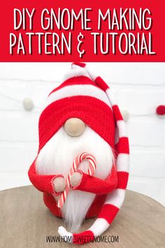 a red and white knitted santa claus hat with candy cane