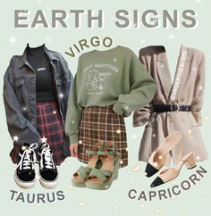 two women wearing skirts and jackets with text that reads earth signs virgo, taurus, capricon