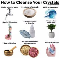 A few different methods of how to cleanse your crystals. Moonstone Crystal Tattoo, What Does Selenite Do, How To Activate Crystals, How To Use Crystals, Crystals For Beauty, Spiritual Elements, Crystals Meanings, Crystal Girl, Crystal Care