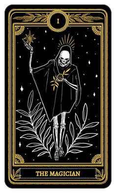 the magician tarot card is shown in black and gold