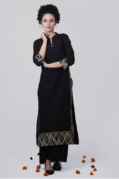 #Black #Mangalagiri #Cotton #Kurta with #Ajrakh detail Indian Kurti Designs, Indian Kurti, Kurta Patterns, Long Kurta, Kurta Designs Women, Kurta Designs