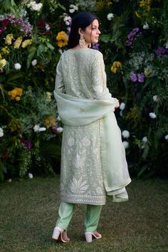 Mist jade green silk chanderi kurta with floral and thread patchwork embroidery. Comes with pant and a dupatta. - Aza Fashions Spring Wedding Green Churidar, Green Lawn Suit With Cutdana In Traditional Drape, Fitted Pant Set With Resham Embroidery And Straight Kurta, Pista Green Embroidered Chanderi Fabric With Cutdana, Pista Green Intricately Embroidered Chanderi Palazzo Set, Green Chanderi Fabric With Cutdana Embroidery, Pista Green Floral Print Straight Kurta Set, Patchwork Embroidery, Kurta Pant Set