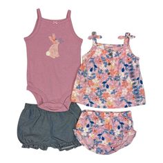 Stock Up On Four Adorable Pieces, Perfect For Mixing And Matching Or To Be Worn Together For A Ready-To-Go Outfit. Playful Sleeveless Bottoms For Playtime, Playful Sleeveless Cotton Sets, Pink Sleeveless Cotton Sets, Cute Purple Spring Sets, Purple Cotton Playwear Sets, Cute Purple Cotton Sets, Playful Fitted Purple Sets, Playful Pink Sleeveless Set, Cotton Sleeveless Playtime Sets