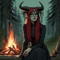 a woman with long red hair and horns sitting in front of a campfire wearing glasses