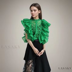 Lasaky - Hollow lace patchwork blouse with fancy sleeves, high-waisted short stand collar lace top Lace Sleeve Shirt, Patch Work Blouse, Shirts Women Fashion, Lace Patchwork, Puff Sleeve Blouse, Collar Top, Lace Blouse, Lace Sleeves, Flutter Sleeve