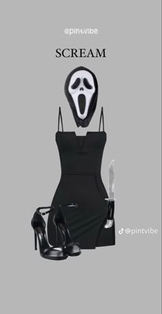 a black dress and high heels with a scream mask on the front, as well as a pair of shoes