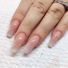 Gold Glitter French Tip Nails Coffin, Light Gold Shimmer Nails, Glitter Ombre Nails Square, Nude Ombre Nails With Glitter, Nude Glitter Acrylic Nails, Nude Almond Nails With Design, Cute Sparkly Nails, Formal Nails, Ombre Nails Glitter