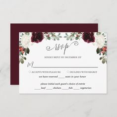 wedding rsp card with burgundy roses and greenery