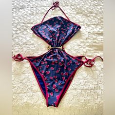 Nwt 100% Authentic Gucci Blue One Piece Swimsuit Monokini Xxl. Navy Blue Ground With Dark Red And Black Hearts. Halter Neck, With Neck, Back And Side Ties. Gucci Swimwear For Summer, Gucci Fitted Summer Swimwear, Gucci Beachwear Swimwear For Summer, Gucci Beachwear For Summer, Gucci Swim, Blue One Piece Swimsuit, Blue One Piece, Black Hearts, Monokini Swimsuits