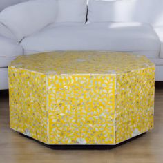 Elevate your living space with our Handmade Mother of Pearl Coffee Table. Featuring a vibrant yellow hue and intricate floral pattern, this exquisite table adds a touch of elegance and sophistication. The delicate mother of pearl inlay craftsmanship makes it a standout piece, perfect for enhancing your home with style and grace. #Serve as a stunning centerpiece in your living room, adding a touch of luxury and artistry. #Use as a stylish and functional surface for coffee, books, or decorative it Pearl Coffee Table, Yellow Coffee Table, Handmade Coffee Table, Coffee Books, Modern And Traditional Decor, Yellow Coffee, Table Handmade, Mother Of Pearl Inlay, Bridesmaid Gift Boxes