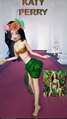 a digital painting of a woman in a green skirt with flowers on her head and the words, kayty perry