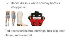 Rose Choker, White Cowboy Boots, Red Accessories, Denim Dress, Cowboy Boots, Hair Clips, Cowboy, White Dress, Boots