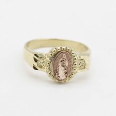 "Kids Virgin Mary Lady Guadalupe Ring Real 10K Yellow Gold Size 1 * Metal : Real 10K Yellow Gold (Properly Stamped, 10K) * Condition : Brand New * Finish : Polished * Average Weight : 1.21 grams * Length : Size 1 * Width : Just over 5/16\" by 3/16\" = 7.7mm by 5mm * Clasp/Bail : Can be resized down or up at your local jeweler All of our items are brand new and are shipped with a gift box." Gold Our Lady Of Guadalupe Ring For Anniversary, Lady Guadalupe, Pretty Jewelry Necklaces, Kids Rings, Catholic Jewelry, Dope Jewelry, Cz Necklace, Jewelry Lookbook, Elegant Necklaces