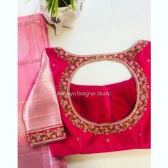 Pattu Blouse Embroidery Designs, Pink Blouse Machine Work Designs, Boatneck Maggam Work Blouse Designs, Wark Design Blouse, Rani Pink Blouse Designs, Sreemantham Sarees, Boatneck Blouse Designs Latest, Blouse Inspiration, Pink Blouse Designs