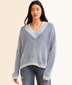 Hyfve Plated Sweater - Blue Medium, Women's Blue Ribbed open weave v-neck sweater Bust measures 54 on size small Body length 20 on size small. 100% Acrylic. Hand wash cold. Do not bleach. Line dry. Iron low. Do not dry clean. Apparel & Accessories > Clothing > Shirts & Tops