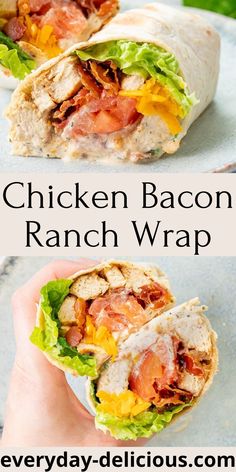 the chicken bacon ranch wrap is cut in half and ready to be eaten for lunch