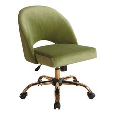 a green office chair with wheels and casteors on an upholstered backrest