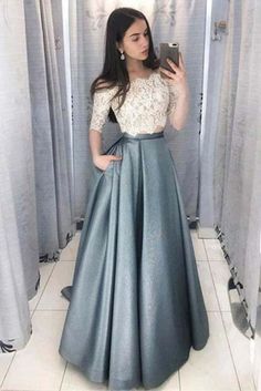 Two Piece Off-the-Shoulder Half Sleeves Satin Prom Dress with Lace Top - Prom Dresses Grey Prom Dress, Prom Dresses With Pockets, Floor Length Prom Dresses, Prom Dresses Two Piece, Elegant Prom Dresses, Prom Dresses For Teens, Piece Prom Dress, A Line Prom Dresses, Sweet 16 Dresses