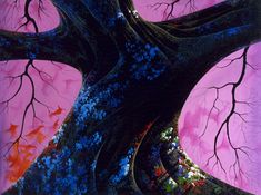 an abstract painting of a tree with pink and blue leaves in the branches, against a purple background