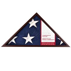 an american flag is displayed in a triangle shaped glass case with wood trimmings