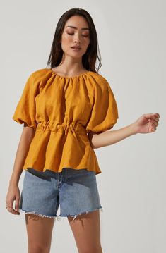 ASTR The Label Vendetti Top – THD Shoppe One Shoulder Shirt, Defined Waist, Astr The Label, Peplum Hem, Puff Sleeve Blouse, Dressy Tops, Puff Sleeve Top, Chic Boutique, Scoop Neckline