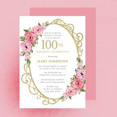 a pink and gold birthday party with flowers on the front, in an ornate frame