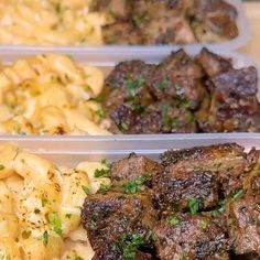 three plastic trays filled with different types of pasta and meat items on top of a table