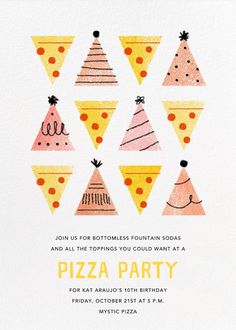 a birthday party card with different types of pizzas and hats on the front, in blue