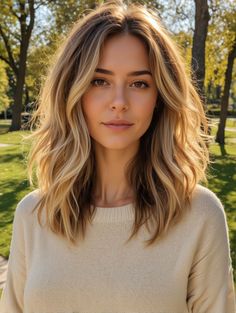 Curtain Bangs Medium Hair Thick Hair, Fall Midlength Hairstyles, Hair Style 2024 Girl Medium, Fall 2024 Hair Trends Medium, Dark Blonde Hair 2024, Medium Hair Blonde Highlights, Haircuts Medium Length Layers, Medium Hair Cuts Idea, Medium Hair Short Layers