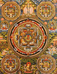 an ornate painting with many symbols and colors on the wall, including buddhas in circles