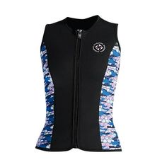 a women's wetsuit with blue and white flowers on it