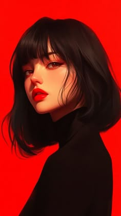 a painting of a woman with black hair and red lipstick, wearing a black turtle neck top