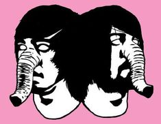 two people with elephants on their heads are shown in black and white against a pink background