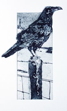 a drawing of a bird sitting on top of a wooden post in front of a white wall